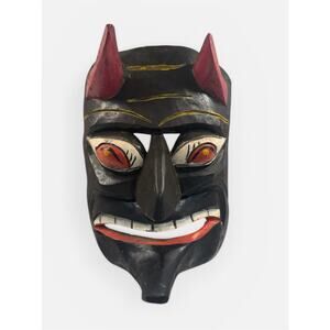 Hand Carved & Hand Painted Wooden Diablo Devil Mask Mexican Carnival JL